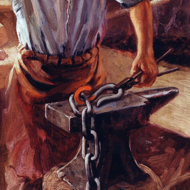 Walter Haskell Hintonin maalaus, jossa John Deere työskentelee pajallaan