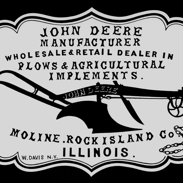 Historiallinen vuoden 1855 jälleenmyyjän mainos "John Deere: aurojen ja maatalouden työkoneiden valmistaja, tukku- ja vähittäiskauppias. Moline, Rock Island Co. Illinois"