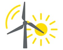 Kuva tuulimyllystä, keltaiset tuulen ja auringon symbolit