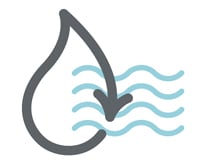 Harmaa vesipisara, jonka nuoli osoittaa aaltosymboliin ja kuvaa näin veden kestävän kehityksen mukaista uudelleenkäyttöä