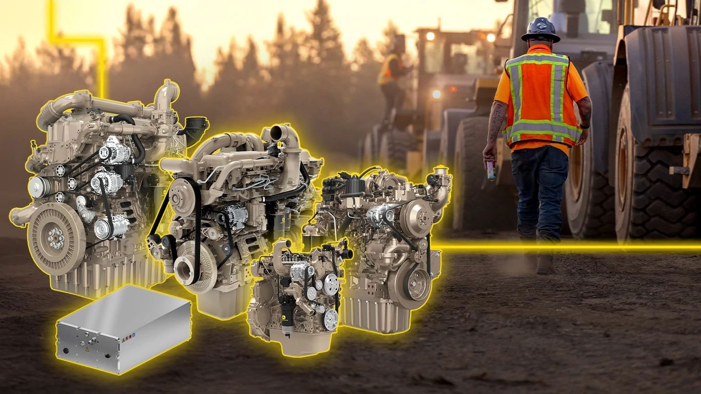 John Deere -dieselmoottorien valikoima ja KREISEL Electric -akkuyksikkö rakennustyömaalla.
