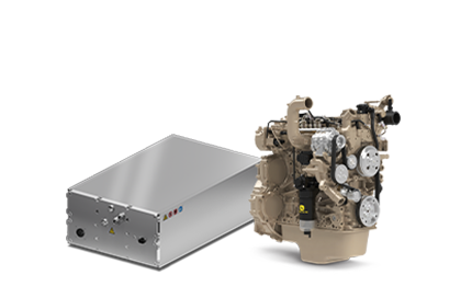 KREISEL Electricin akkuyksikkö ja John Deeren pienikokoinen JD4-dieselmoottori. KREISEL Electricin akkuyksikkö ja John Deeren pienikokoinen JD4-dieselmoottori.