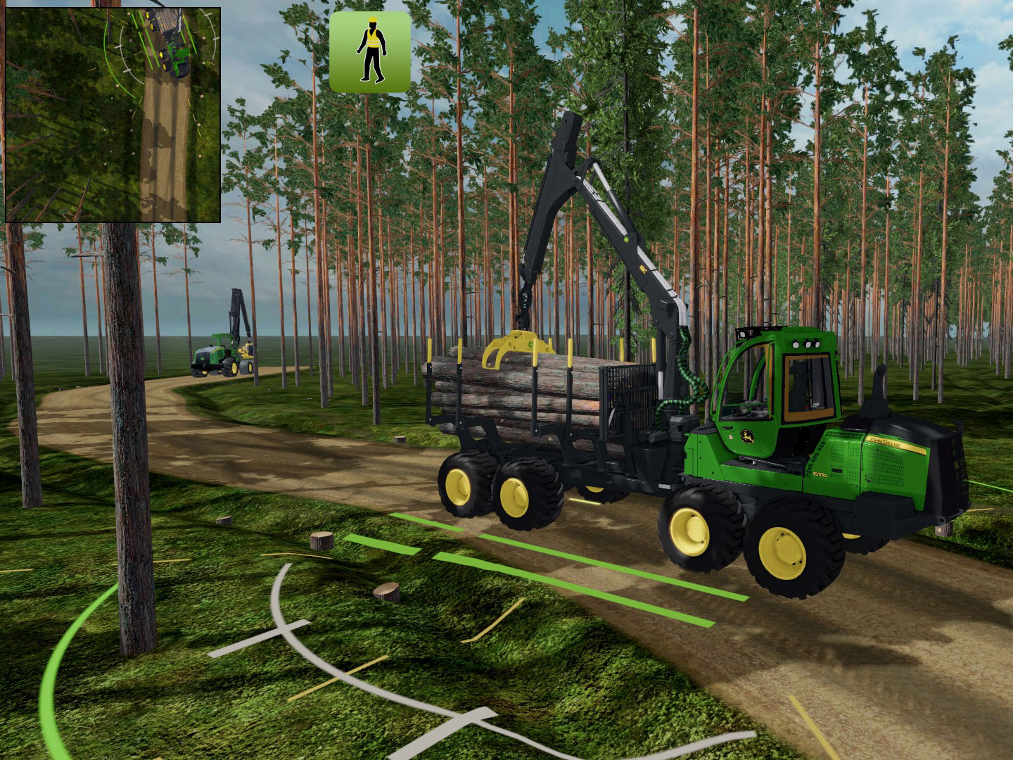 Kuva John Deere -simulaattorista, kuormatraktori metsässä kuljettamassa tukkeja