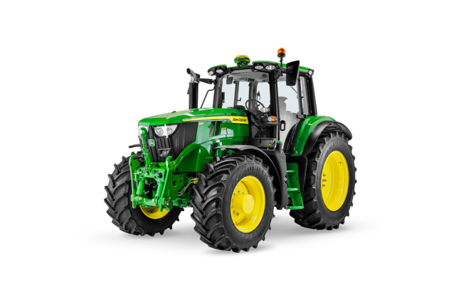 John Deere 6M 185 -traktori valkoisella taustalla, kuva korostaa tehoa, ohjaamon mukavuutta ja vakautusta