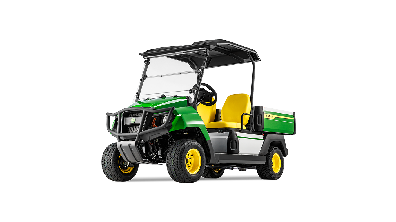 John Deere Gator GS -sähkömallin etukulmanäkymä, jossa on korostetusti esillä säleikkö, ajovalot ja keltainen istuin.