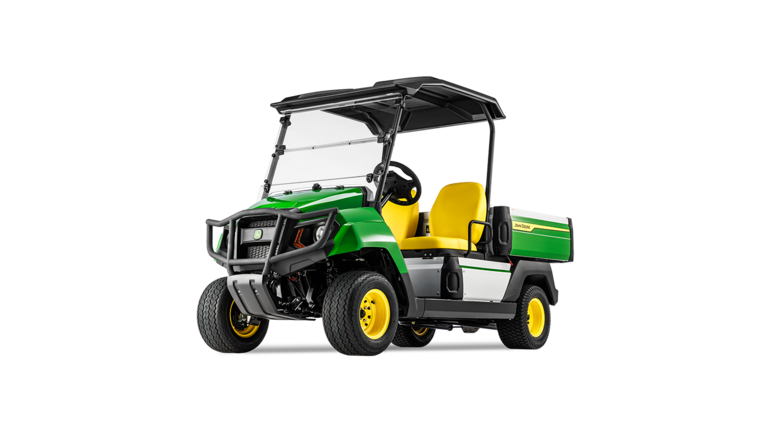 John Deere Gator GS -sähkömallin etukulmanäkymä, jossa on korostetusti esillä säleikkö, ajovalot ja keltainen istuin.