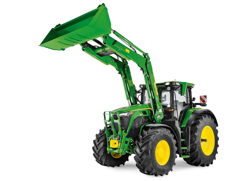 John Deere -etukuormaimen lisävarustesarja, jossa on leveä kauha, rajattuna valkoisella taustalla.